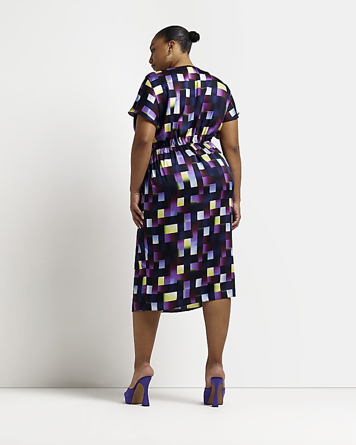Plus purple satin geometric wrap midi dress