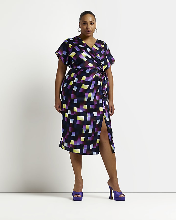 Plus purple satin geometric wrap midi dress