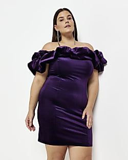 Plus purple velvet bardot bodycon mini dress