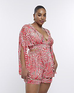 Plus red animal print cut out playsuit