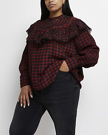 Plus red check Victoriana ruffled blouse