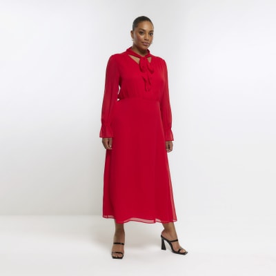 Plus red chiffon tie front swing midi dress | River Island