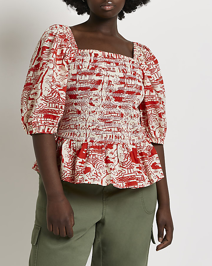Plus red printed shirred blouse