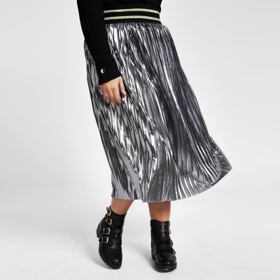 Plus silver metallic pleated midi skirt | River Island