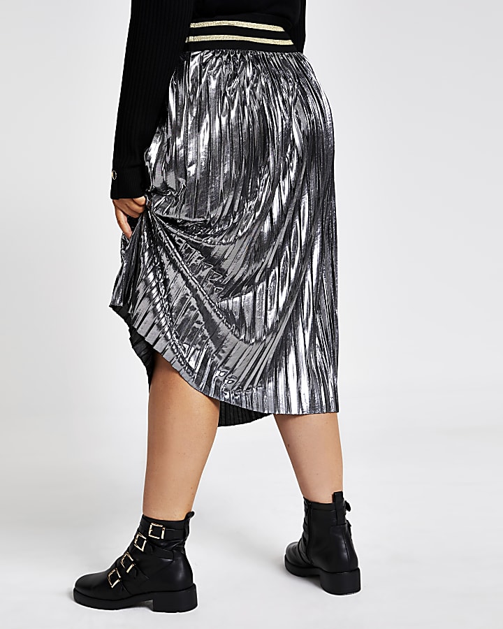 Plus silver metallic pleated midi skirt