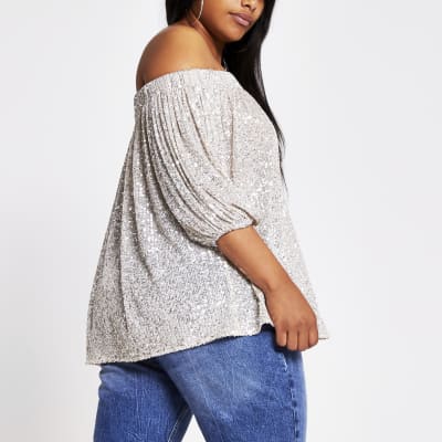 Plus silver sequin long sleeve bardot top