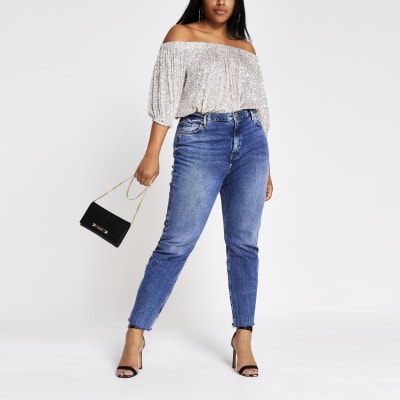 Plus silver sequin long sleeve bardot top