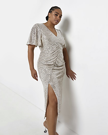 Plus silver sequin ruched midi dress