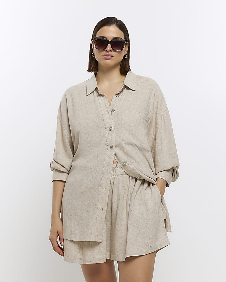 Plus stone oversized shirt with linen