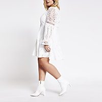Plus white borderie lace mini shirt dress