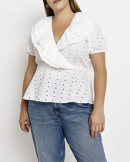 Plus white broderie frill blouse