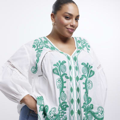 Plus white embroidered smock top