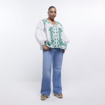 Plus white embroidered smock top