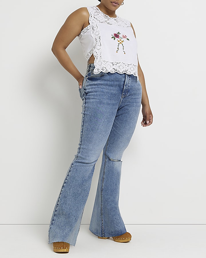 Plus White floral embroidered top