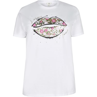 Plus white floral lips t-shirt