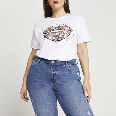 Plus white floral lips t-shirt