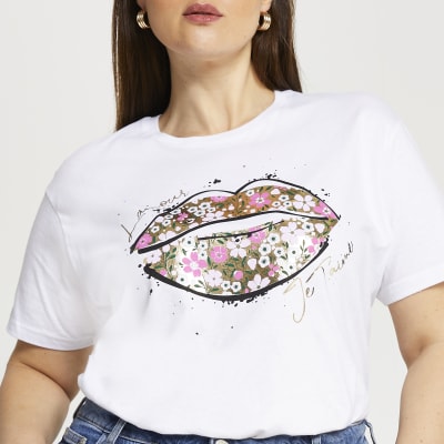 Plus white floral lips t-shirt