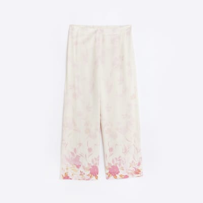 Plus white floral wide leg trousers