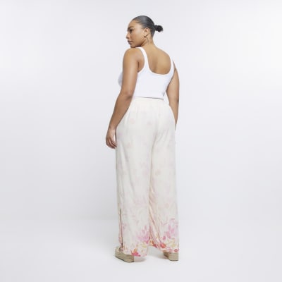 Plus white floral wide leg trousers