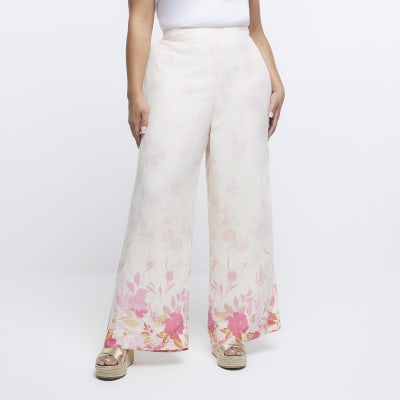 Plus white floral wide leg trousers