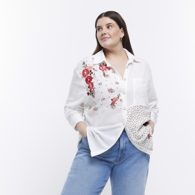 Plus white linen floral lace shirt