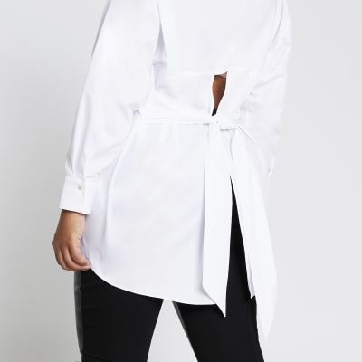 Plus white long sleeve open back shirt
