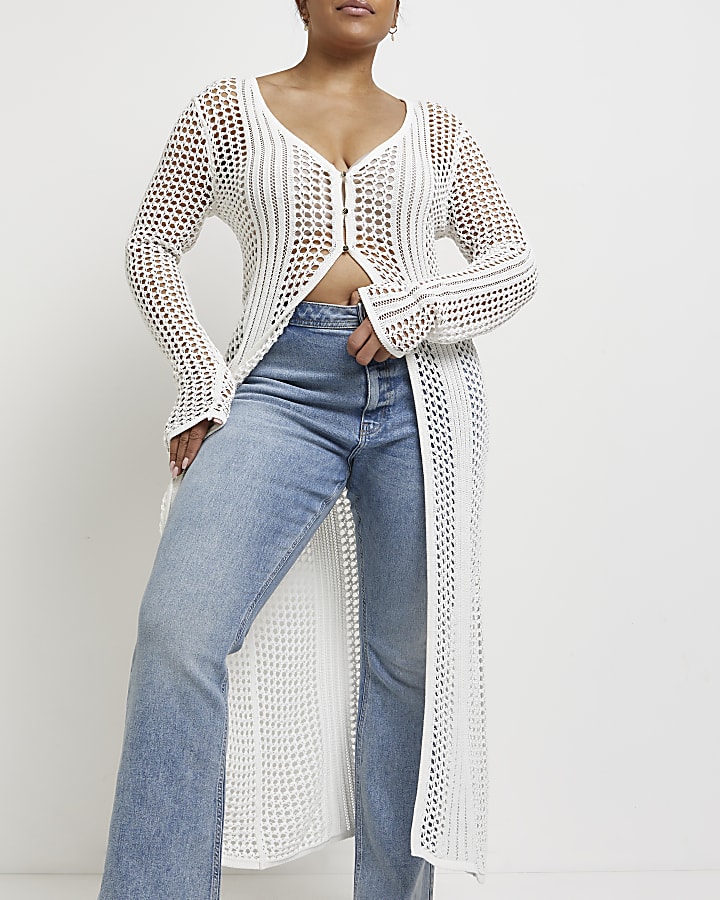 Plus white longline knitted cardigan