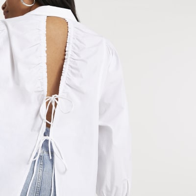 Plus white open back long sleeve shirt