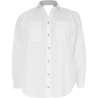Plus white open back long sleeve shirt