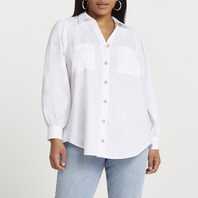 Plus white open back long sleeve shirt
