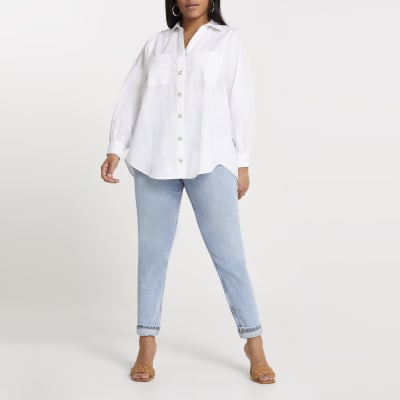 Plus white open back long sleeve shirt