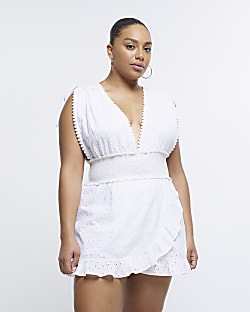 Plus White Plunge Broderie Playsuit