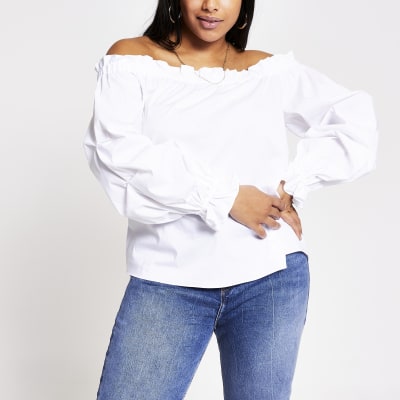 Plus white ruched long sleeve bardot top River Island