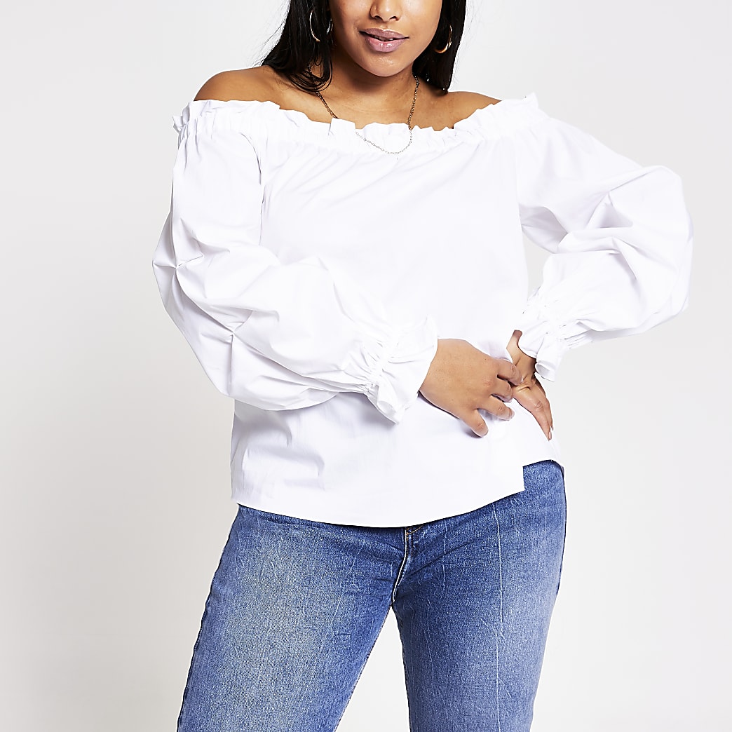 Plus white ruched long sleeve bardot top | River Island