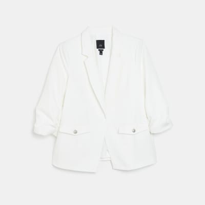 Plus white ruched sleeve blazer | River Island