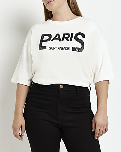 Plus white sequin paris graphic t-shirt