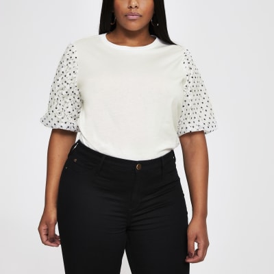Plus white spot lace puffball t-shirt