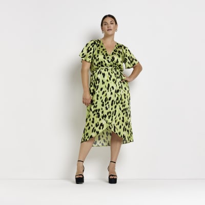 Plus yellow animal print wrap midi dress River Island
