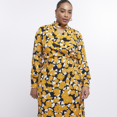 Plus yellow check wrap midi dress