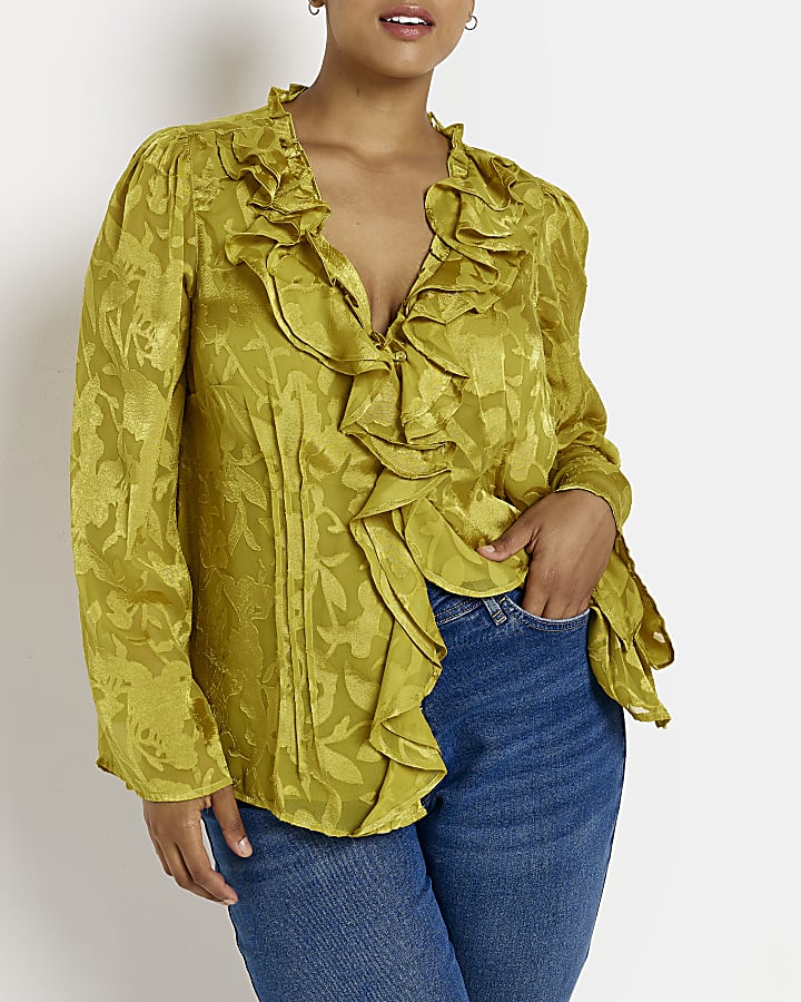 Plus yellow devore floral frill blouse