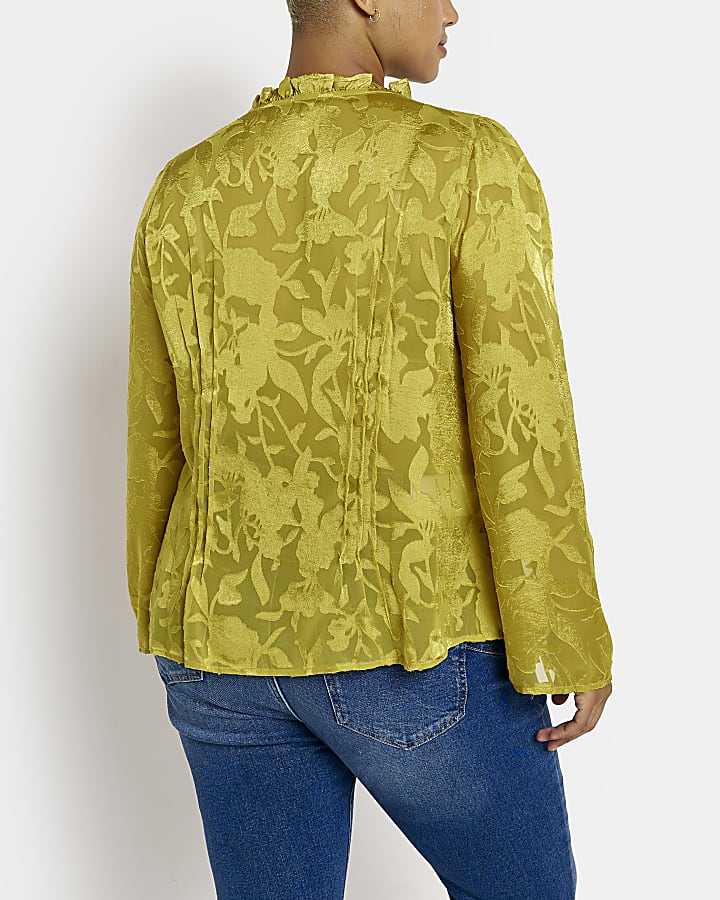 Plus yellow devore floral frill blouse