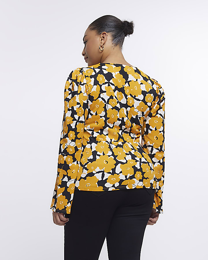 Plus yellow floral long sleeve blouse