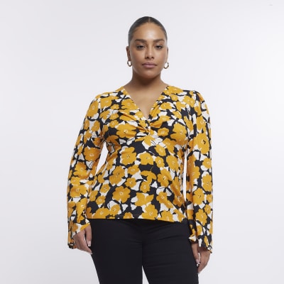 Plus yellow floral long sleeve blouse | River Island