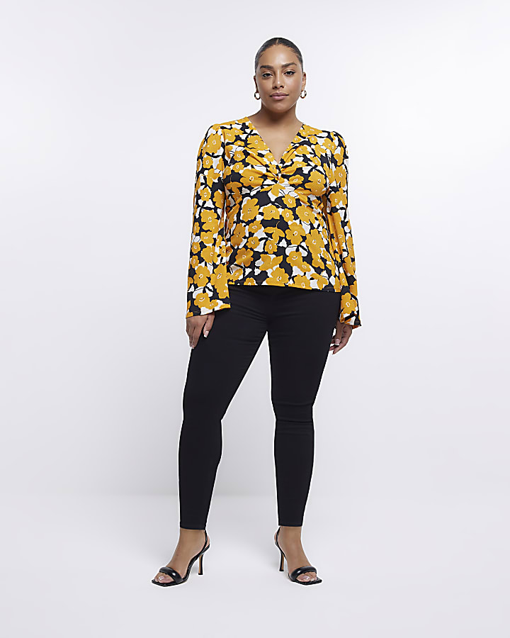 Plus yellow floral long sleeve blouse