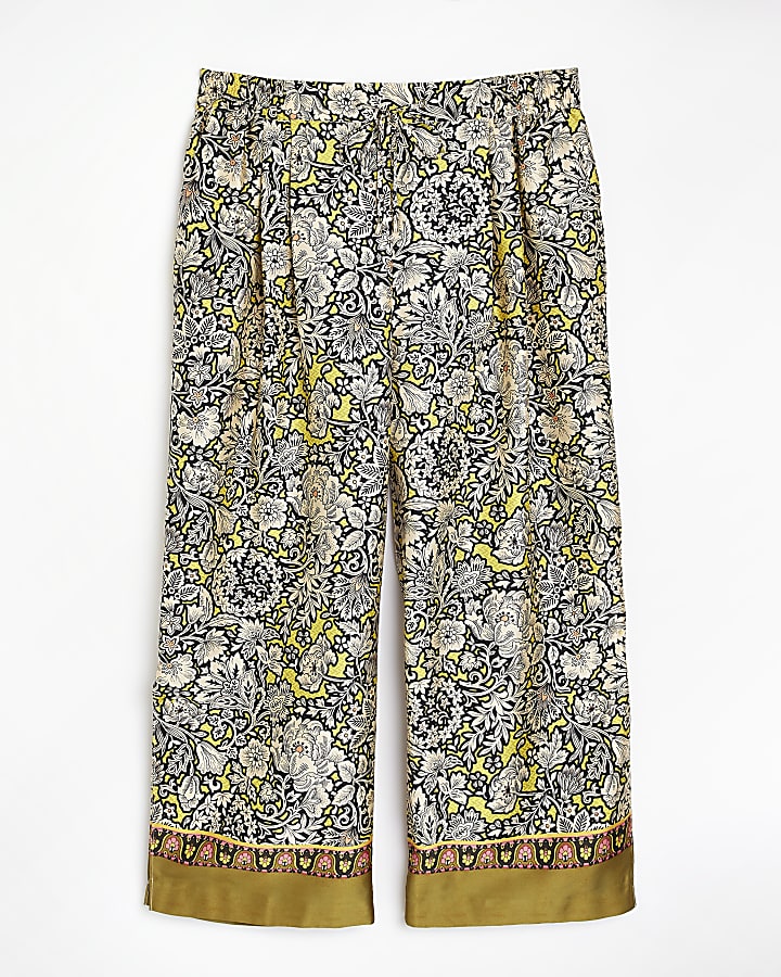 Plus yellow floral pleated wide leg trousers