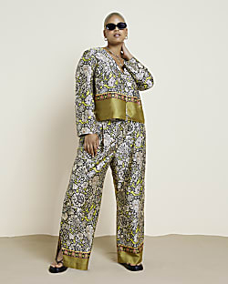 Plus yellow floral pleated wide leg trousers
