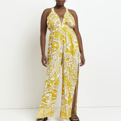 Plus yellow paisley plunge jumpsuit River Island