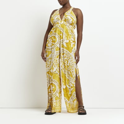 Plus yellow paisley plunge jumpsuit
