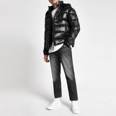 Prolific black tape hooded puffer jacket | River Island