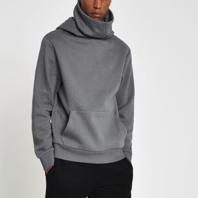 Prolific grey double neck slim fit hoodie | River Island